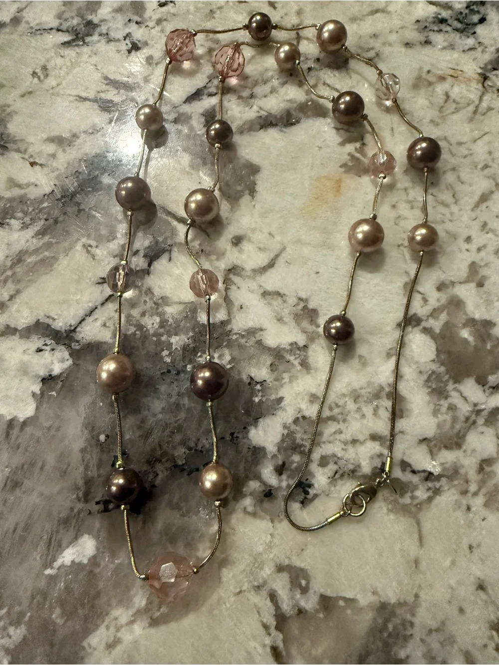 Roman Gold Tone Faux Pearl Pink Glass Beaded Necklace Long 36”‎ signed RMN